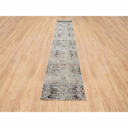 2'6"X16' Gray, Hand Knotted, Modern, Silk With Wool, Xl Runner, Rug