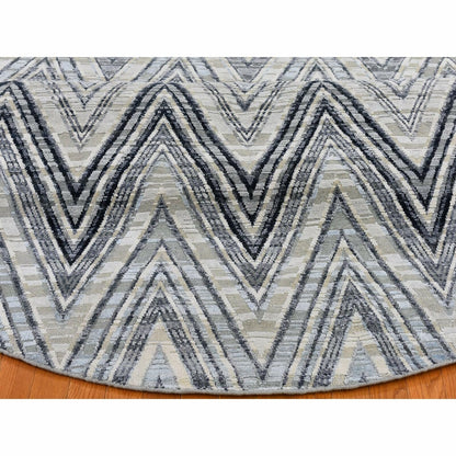 9'X9' Gray Chevron Design Textured Wool And Silk Hand Knotted Round Rug