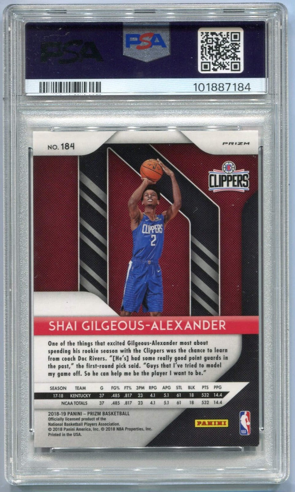 Shai Gilgeous-Alexander 2018 - 2019 Panini Pink Cracked Prizm Rc #184 Psa Graded