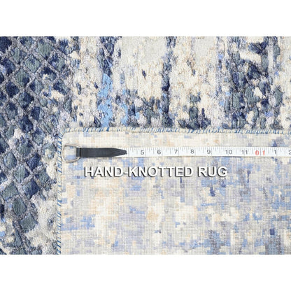 2'5"X6'1" Blue Abstract Mosaic Design Wool-Silk Hand Knotted Runner Rug