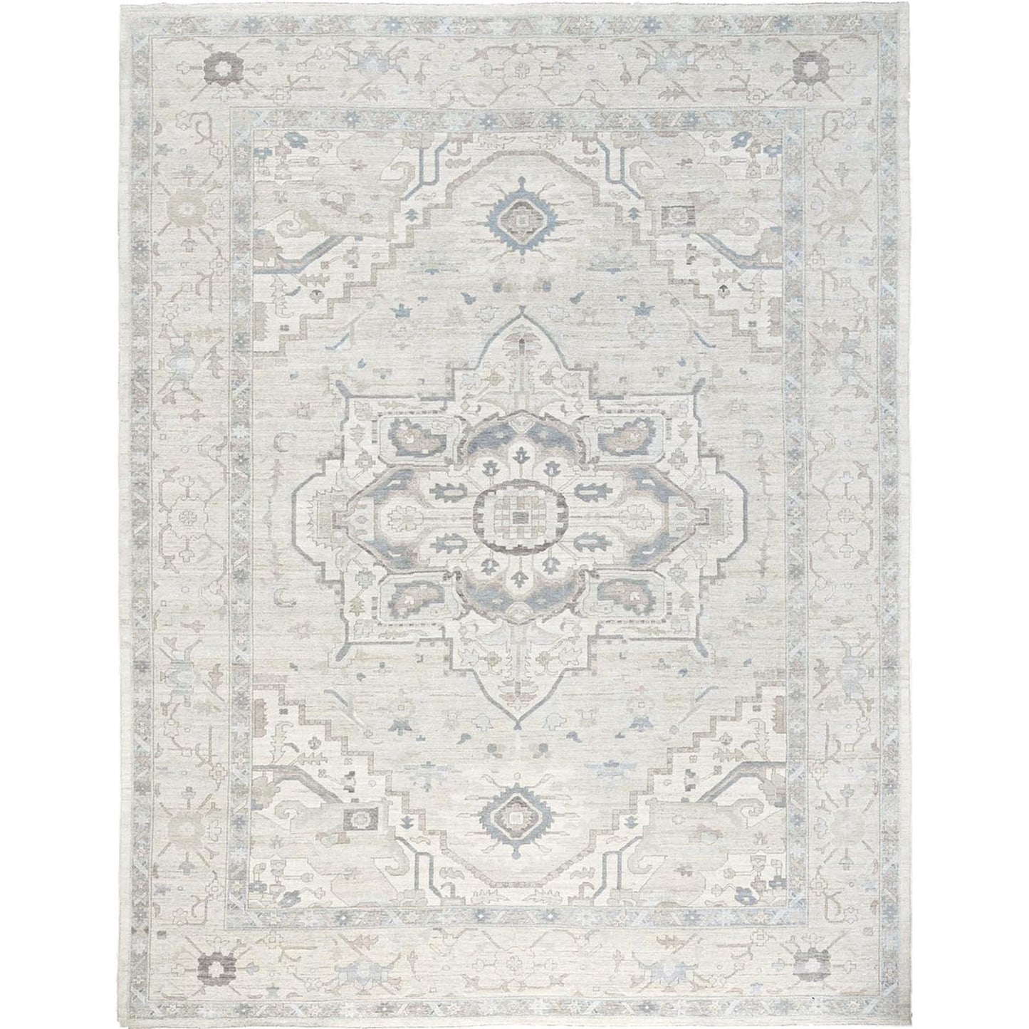 10'X13'7" White Wash Peshawar With Heris Design Hand Knotted Pure Wool Rug
