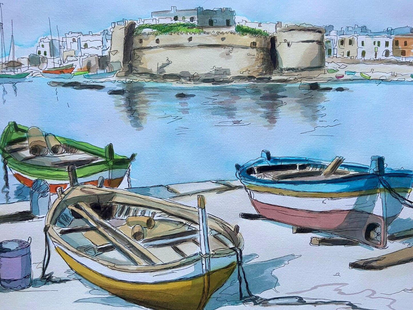 Aldo Riso "Gallipoli" 60X80 Unique Watercolor Authenticated