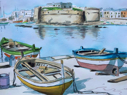 Aldo Riso "Gallipoli" 60X80 Unique Watercolor Authenticated