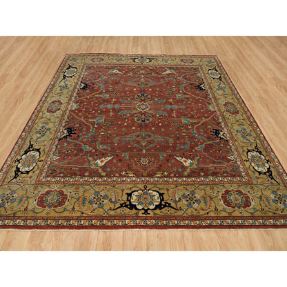 10'X10' Henna Red Antiqued Heris Hand Knotted Wool Square Oriental Rug