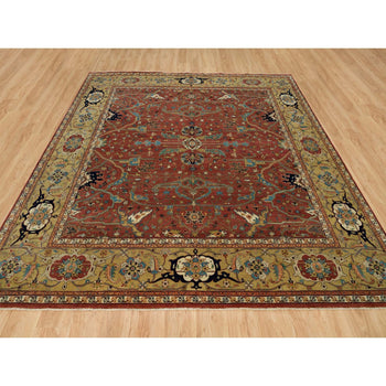 10'X10' Henna Red Antiqued Heris Hand Knotted Wool Square Oriental Rug