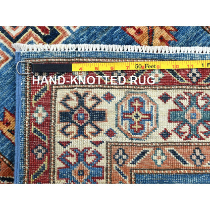 Blue wool afghan super kazak rug hand knotted blue soft 2'6"x33'6" runner.