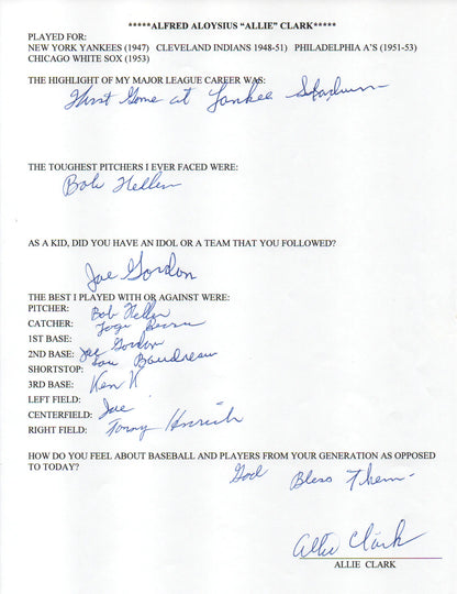 Allie Clark Autographed Hand Filled Out Survey Page (Jsa)