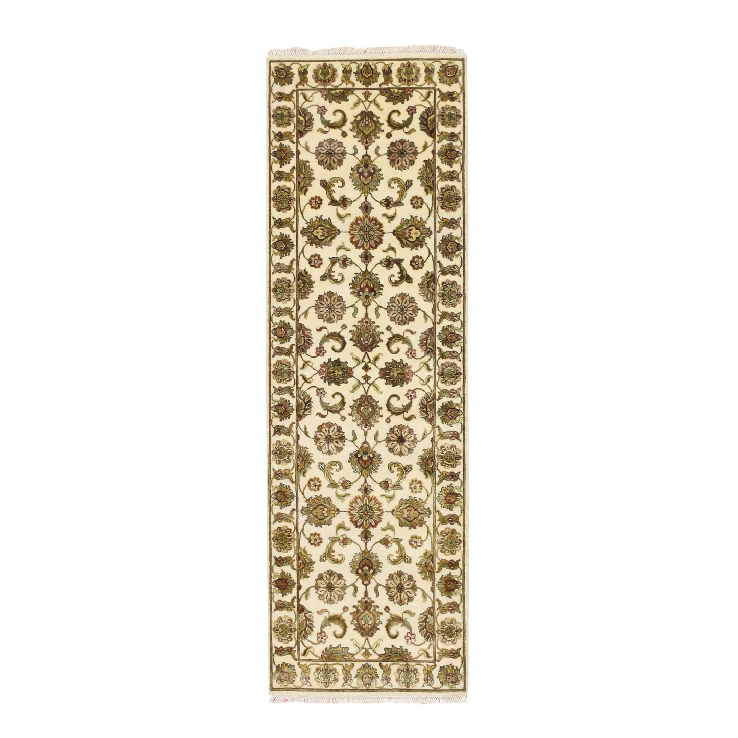 2'7"X8'3" White Rajasthan Leaf Design Hand Knotted Wool & Silk Runner Rug