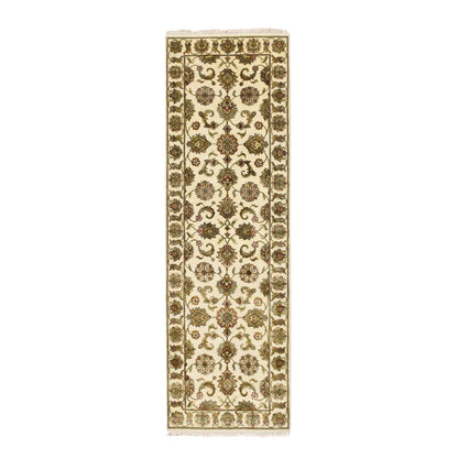 2'7"X8'3" White Rajasthan Leaf Design Hand Knotted Wool & Silk Runner Rug