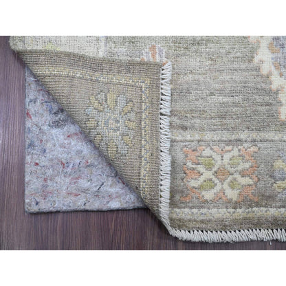 3'X19'10" Green Hand Knotted Angora Oushak Leaf Design Wool Runner Rug