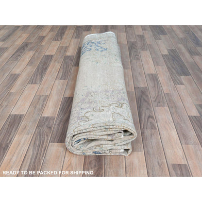 9'7"X12'10"Ivory Hand Knotted Old Farsian Karman Wool Distressed Look Rug