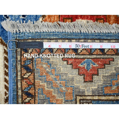 2'5"X11'8" Blue Hand Knotted Afghan Ersari Elephant Feet Wool Runner Rug