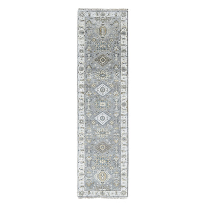 2'7"X9'9" Cloud Gray Pure Wool Karjihooz Design, Hand Knotted Runner Rug