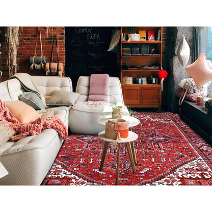 8'4"X11'4" Red Vintage Zoroastrian Heris Sheared Low Hand Knotted Wool Rug