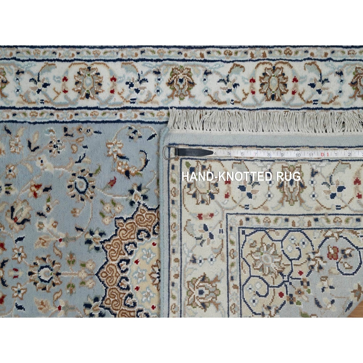 2'8"X12'9" Blue Nain Flower Design Wool And Silk Hand Knotted Runner Rug