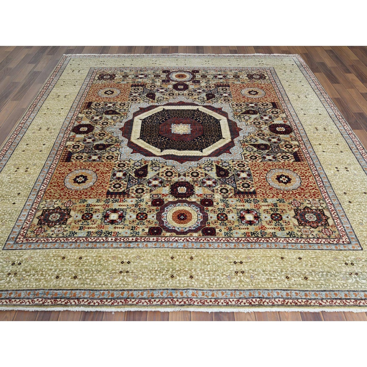 8'2"X10' Green Wool Hand Knotted Super Fine Peshawar 200 Kpsi Rug