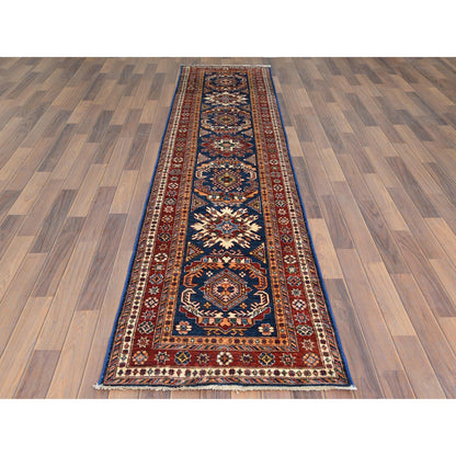 2'6"X11' Hand Knotted Navy Blue Afghan Super Kazak Soft Wool Runner Rug