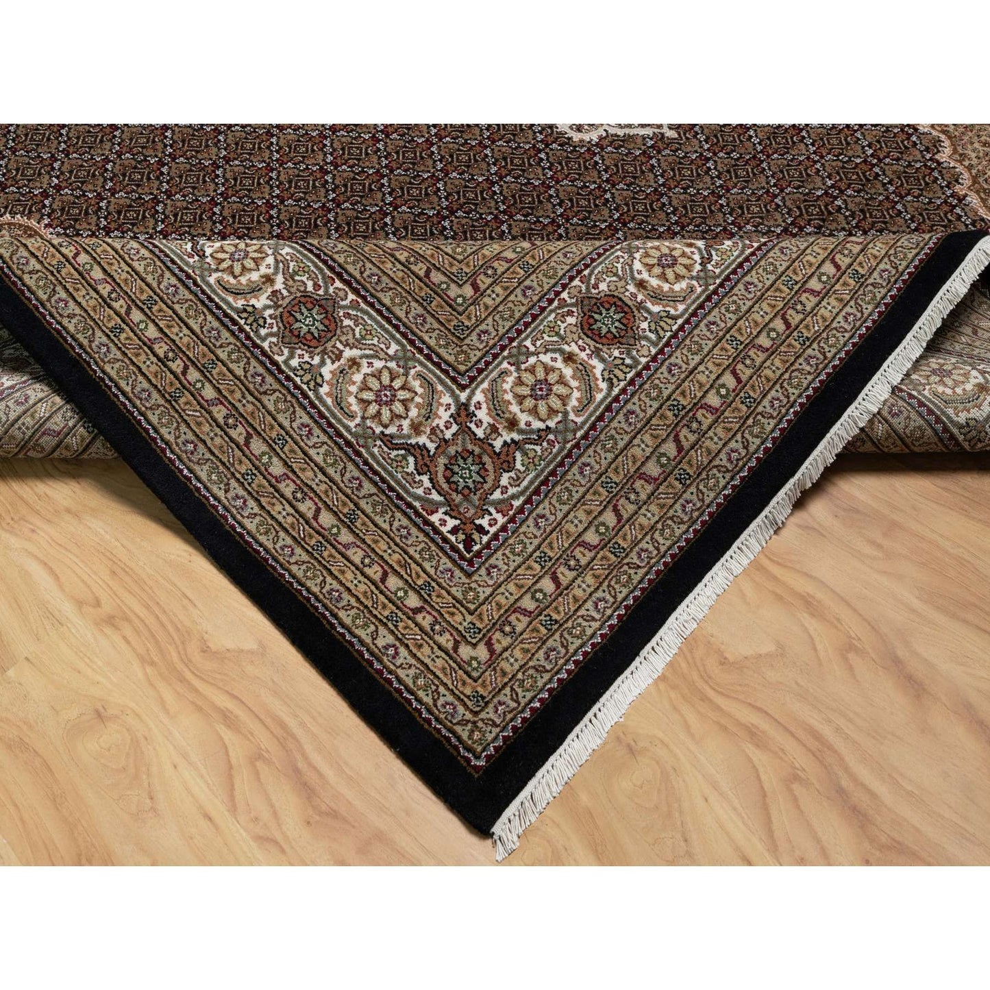 11'8"X15'2" Black Hand Knotted Tebraz Mahi Fish Design Wool Oversized Rug