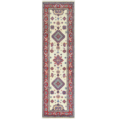 2'8"X9'8" Ivory Geometric Design Special Kazak Hand Knotted Pure Wool Rug