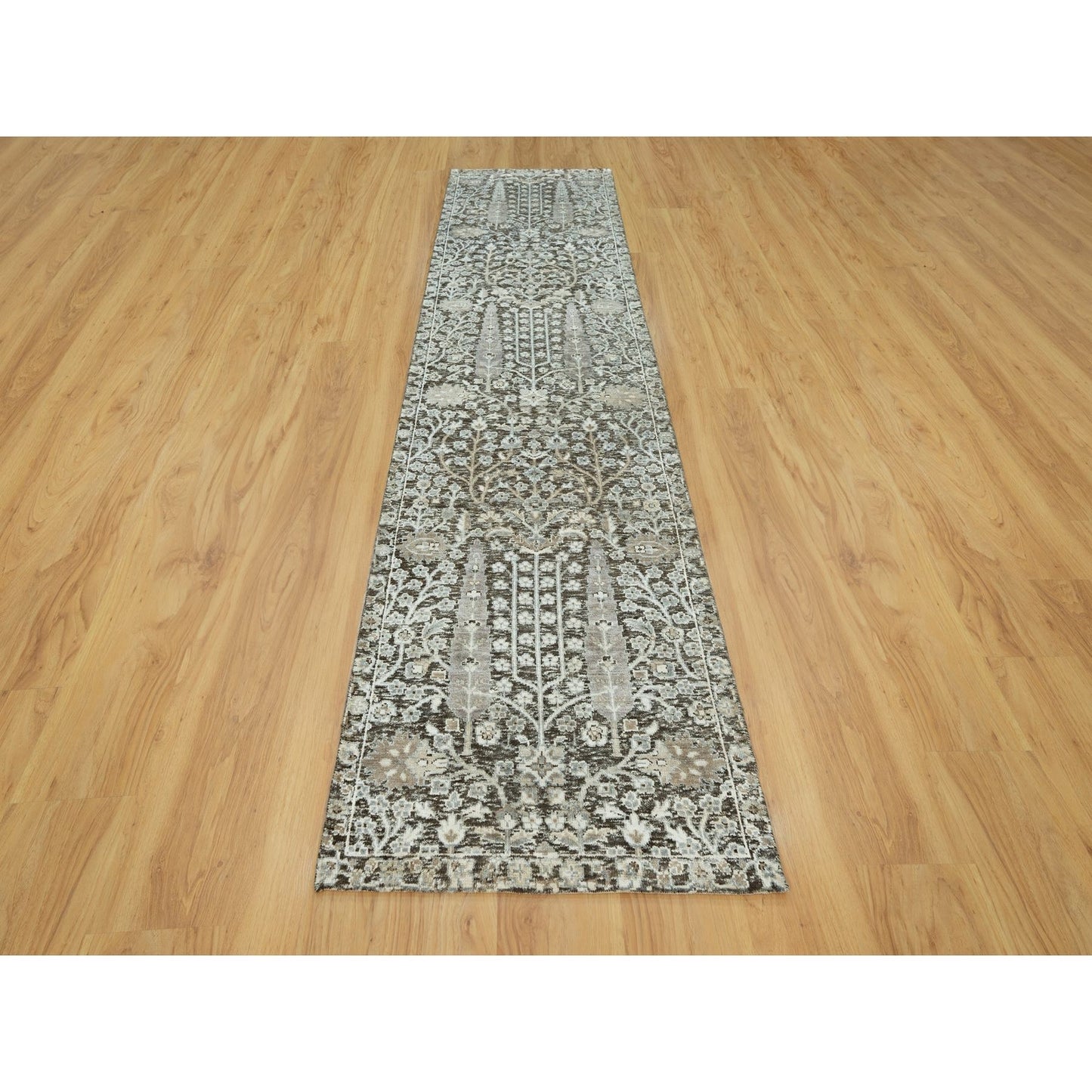 2'6"X10' Gray Hand Knotted Silk And Wool Willow And Cypress Tree Rug