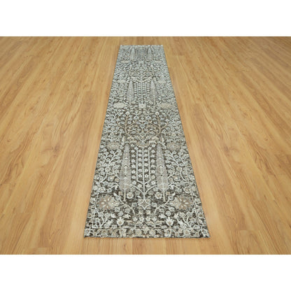 2'6"X10' Gray Hand Knotted Silk And Wool Willow And Cypress Tree Rug