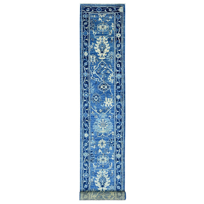 2'9"X19'8" Blue Hand Knotted Angora Oushak Leaf Design Wool Runner Rug