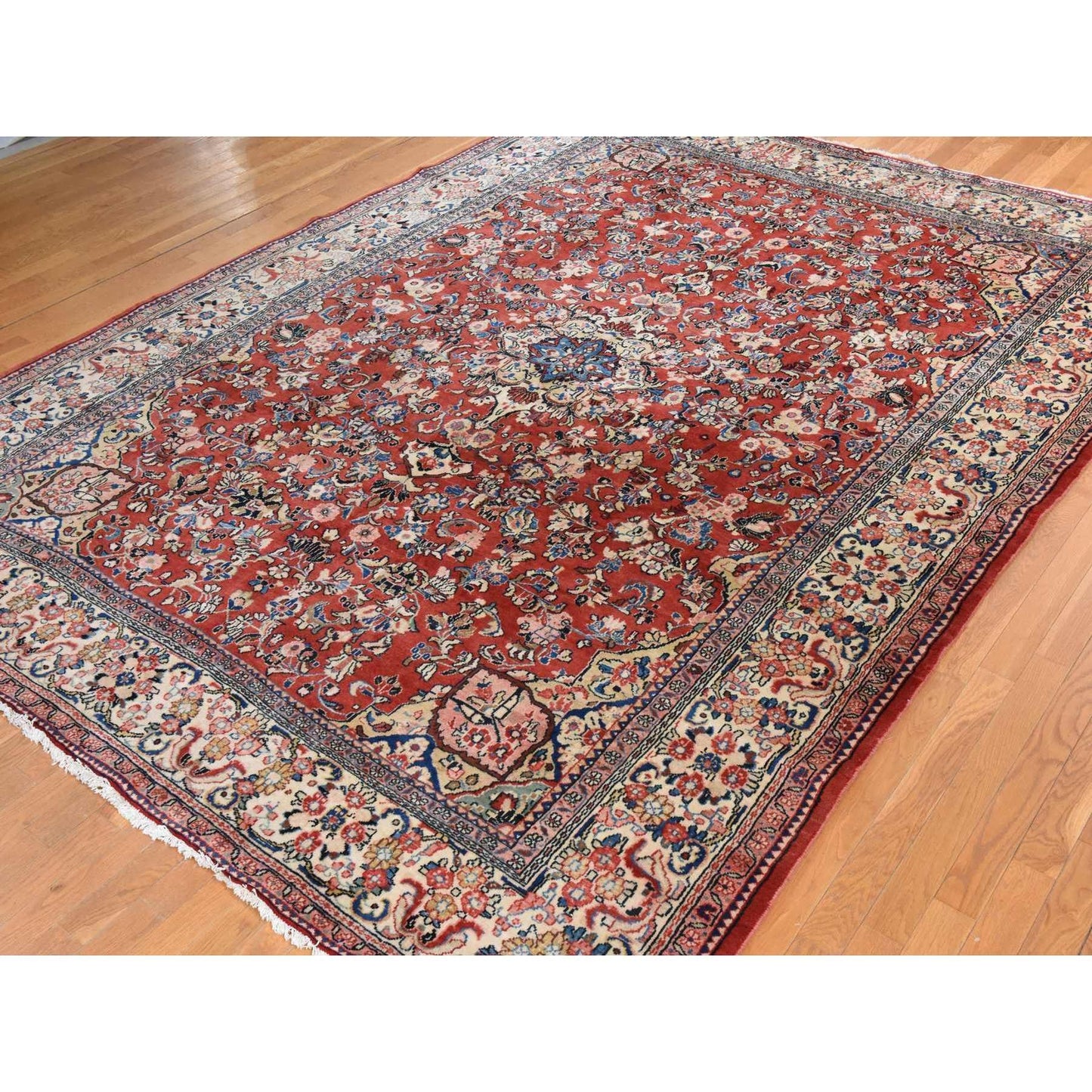 9'9"X13' Salsa Red Vintage Zoroastrian Mahal Soft Wool Hand Knotted Rug
