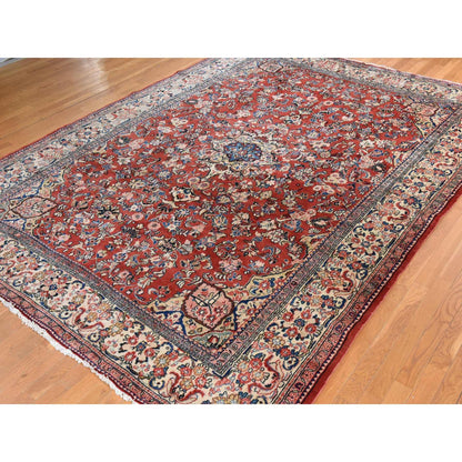 9'9"X13' Salsa Red Vintage Zoroastrian Mahal Soft Wool Hand Knotted Rug