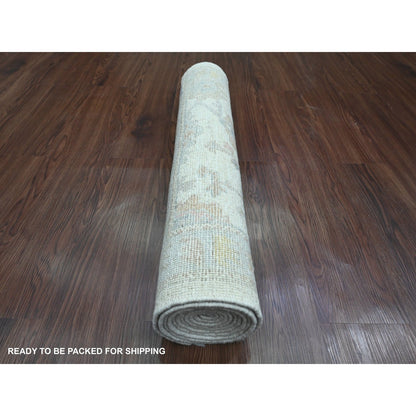 2'8"X8'9" White Hand Knotted Angora Oushak Leaf Design Wool Runner Rug