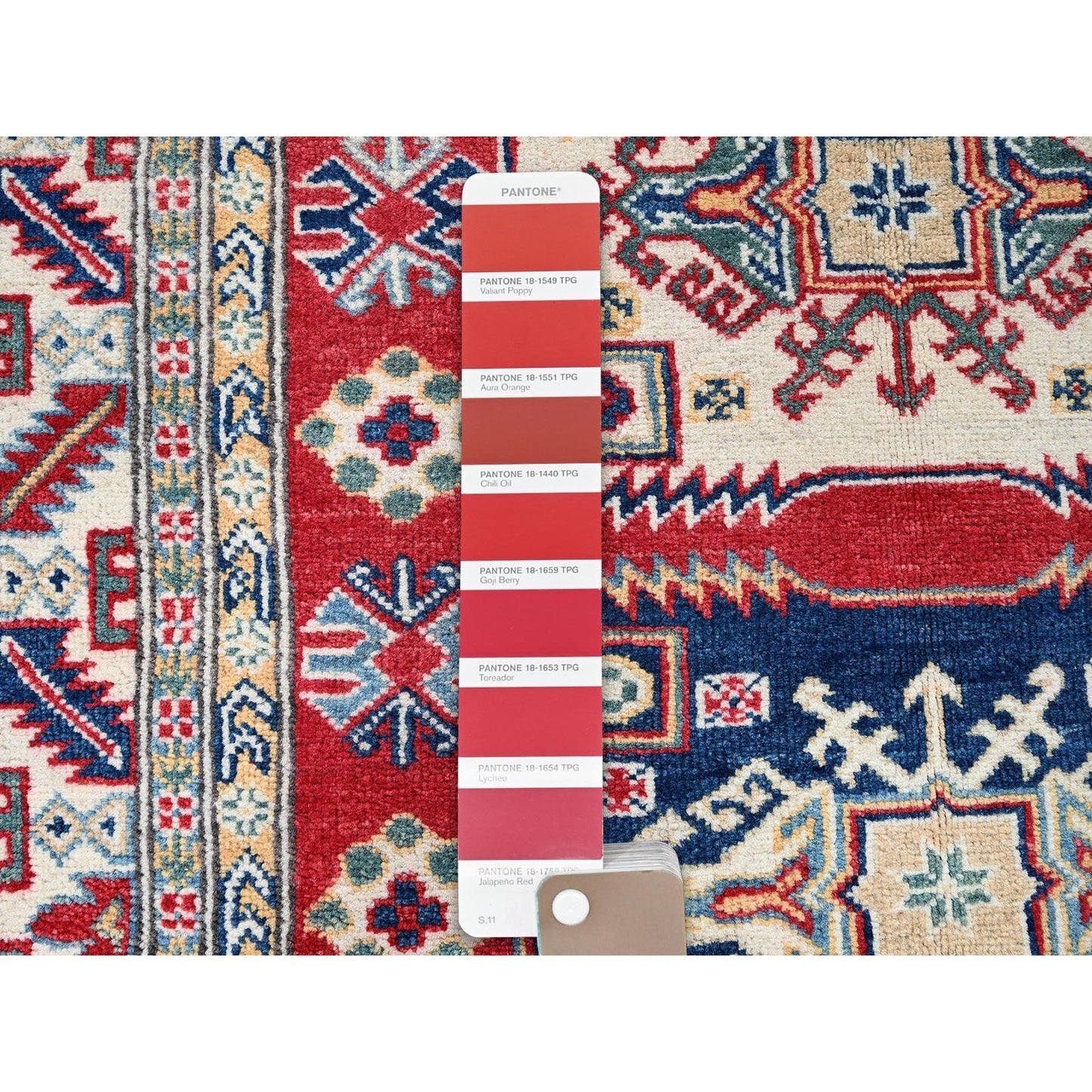 3'9"X5'3" Red Kazak With Geometric Medallions Design Hand Knotted Wool Rug
