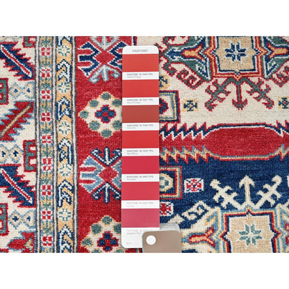 3'9"X5'3" Red Kazak With Geometric Medallions Design Hand Knotted Wool Rug