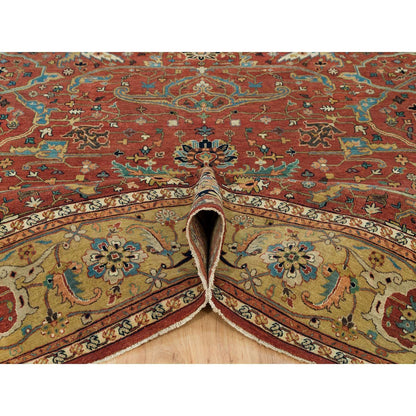 10'X10' Henna Red Antiqued Heris Hand Knotted Wool Square Oriental Rug