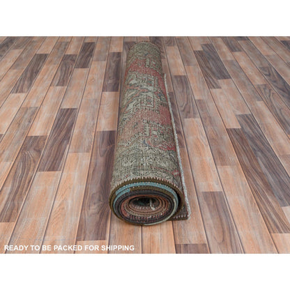 3'9"X12'8" Brown Hand Knotted Vintage Farsian Worn Wool Runner Rug