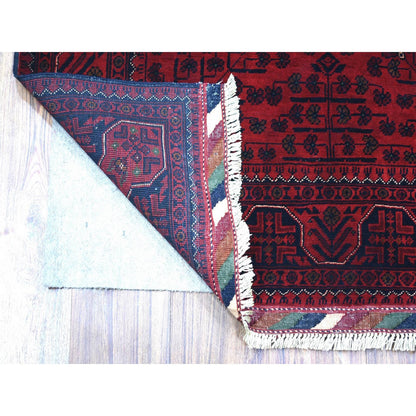 3'4"X4'10" Deep Red Shiny Wool Hand Knotted Afghan Khamyab Rug