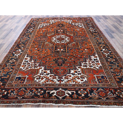 6'7"X9'7" Vivid Orange Vintage Zoroastrian Heris Pure Wool Hand Knotted Rug