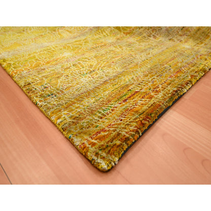 8'X9'3" Golden Brown With Green Modern Design Sari Silk Hand Knotted Rug