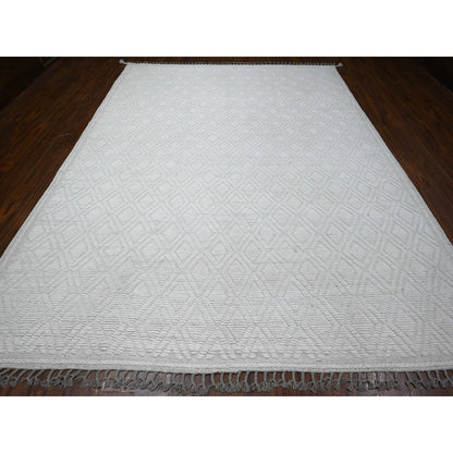 9'1"X12'1" Ivory Hand Knotted Wool Moroccan Diamond Repetitive Design Rug