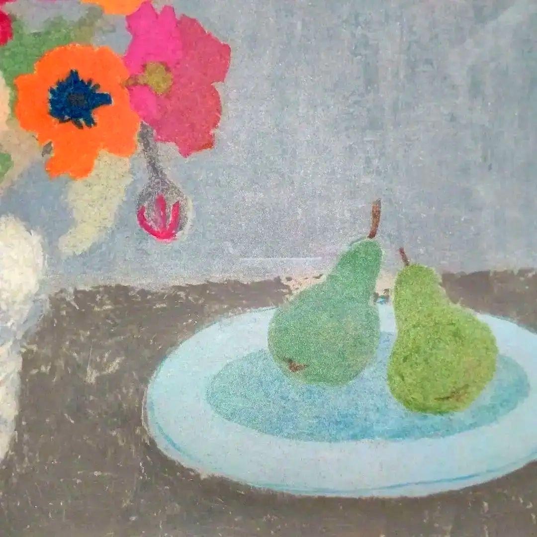 Bernard Myers Original Oil Pastel Drawing - Flowers And Pears - Signed British