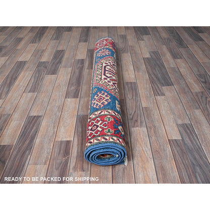 4'1"X6' Blue Kazak With Geometric Design Hand Knotted All Wool Oriental Rug
