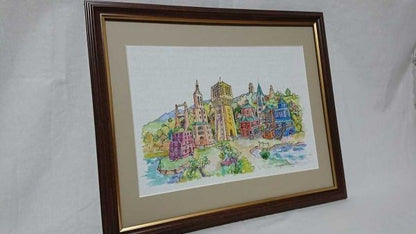 Italian Signed Canvas Watercolor Art Original Cityscape 36x26cm