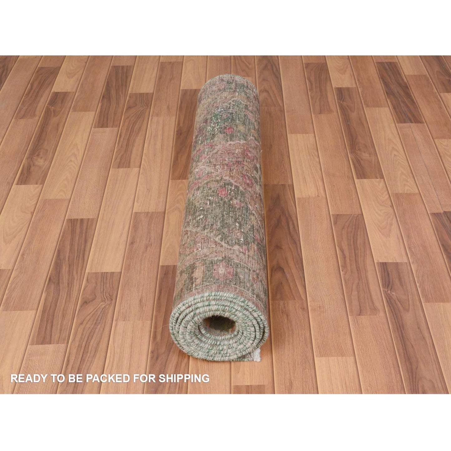 3'7"X12'3" Green Vintage And Worn Down Farsian Heris Handknotted Wool Rug