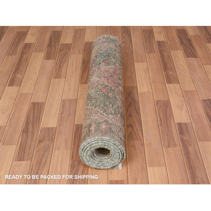 3'7"X12'3" Green Vintage And Worn Down Farsian Heris Handknotted Wool Rug