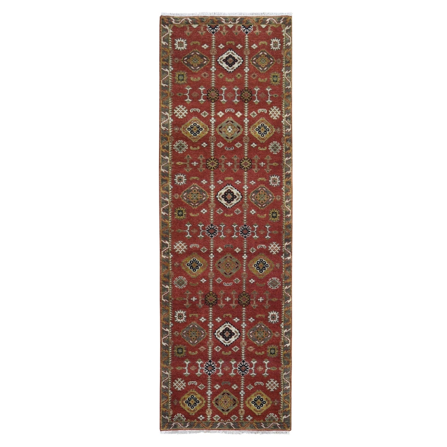 3'2"X10' 100% Wool Repetitive All Over Design Handknotted Wide Runner Rug