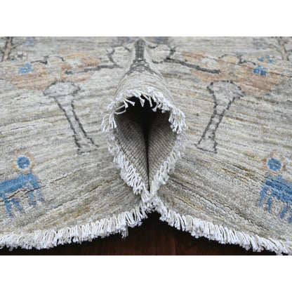 8'X8' Oyster Gray Peshawar Tree Design Hand Knotted 100% Wool Round Rug