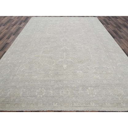 9'X11'10" Oyster White Washed Out Peshawar Hand Knotted 100% Wool Rug