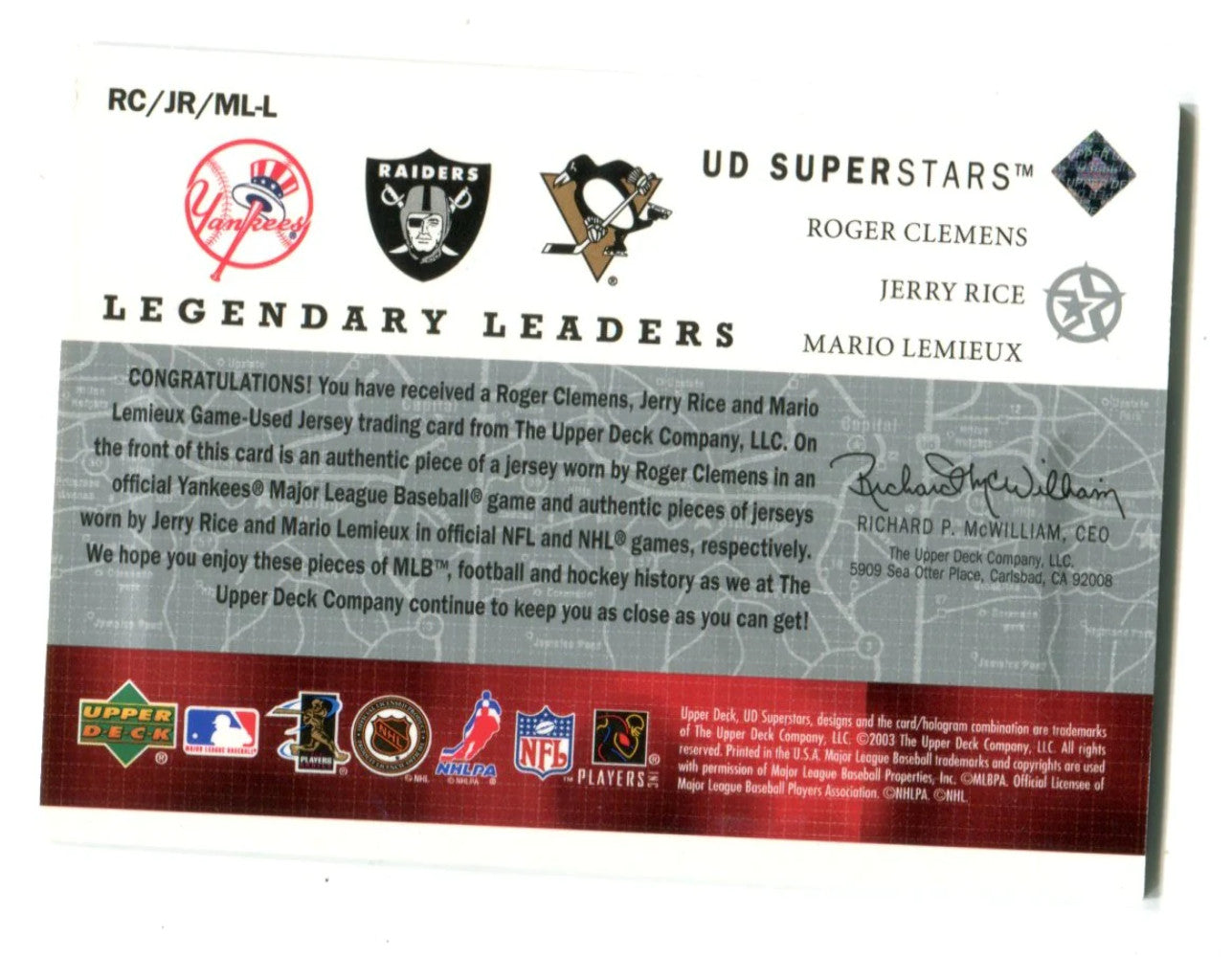 Clemons/Rice/Lemieux 2003 Upper Deck Legendary Cuts #Rcjrmll Card /250