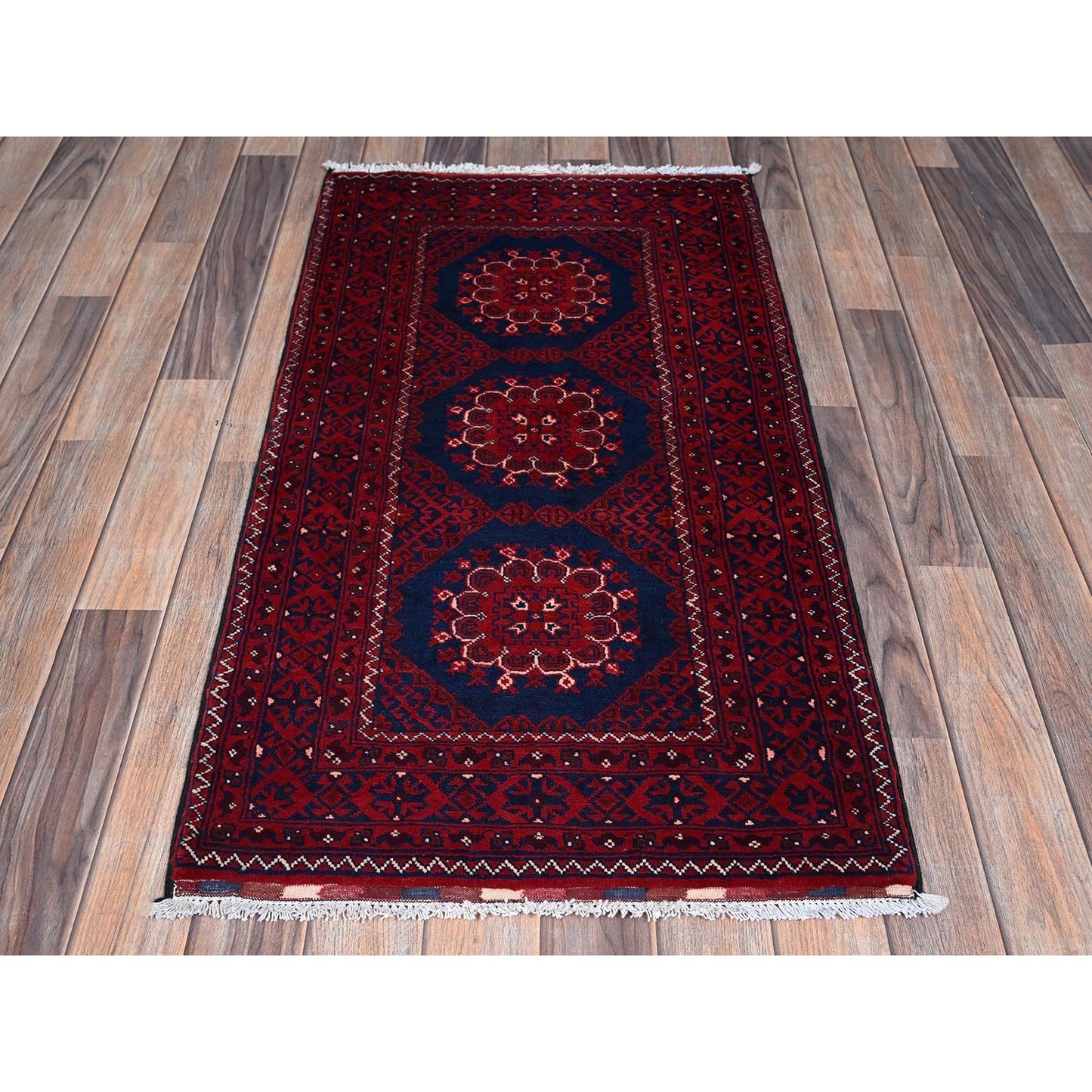2'2"X4' Red Hand Knotted Afghan Khamyab Tribal Design Pure Wool Sample Rug