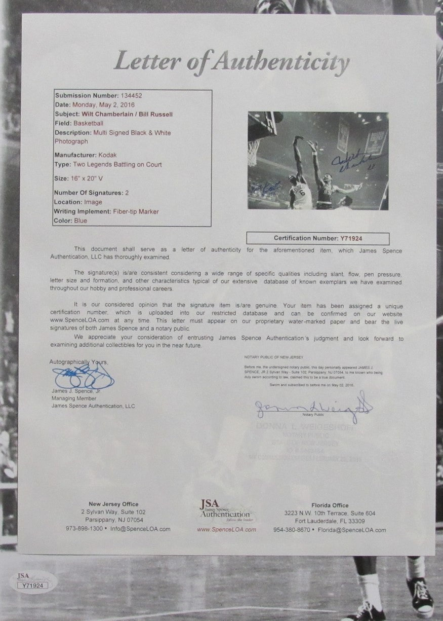 Wilt Chamberlain/Bill Russell Dual-Signed/Autographed 16X20 B/W Photo Jsa 190482