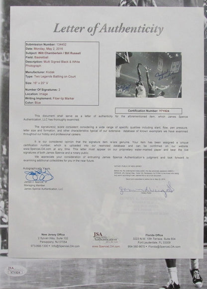 Wilt Chamberlain/Bill Russell Dual-Signed/Autographed 16X20 B/W Photo Jsa 190482