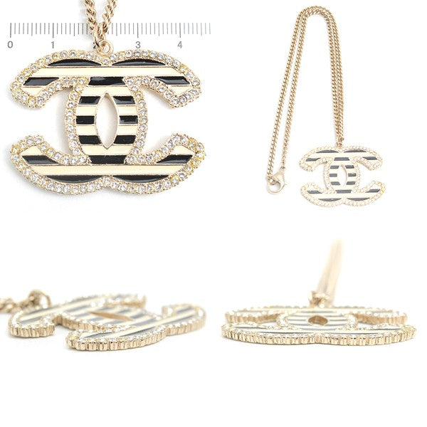 Chanel Necklace Coco Mark Striped Rhinestone Pendant Gold Color 06A Gp